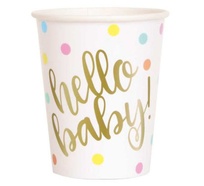 Picture of 9oz HELLO BABY GOLD BABY SHOWER CUPS (Pack of 8)