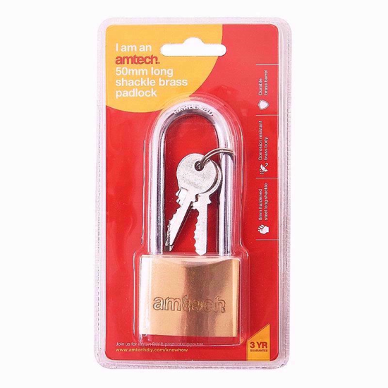 Picture of AMTECH PADLOCK BRASS LONG SHACKLE 50MM