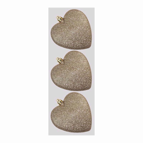 Picture of BAUBLE GLITTER HEARTS 13.9CM 3PK CHAMPANGE