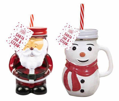 Picture of CHRISTMAS CHARACTER GLASS JAR WITH STRAW