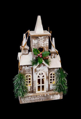 Picture of WOODEN PRELIT CHURCH HOUSE 43CM